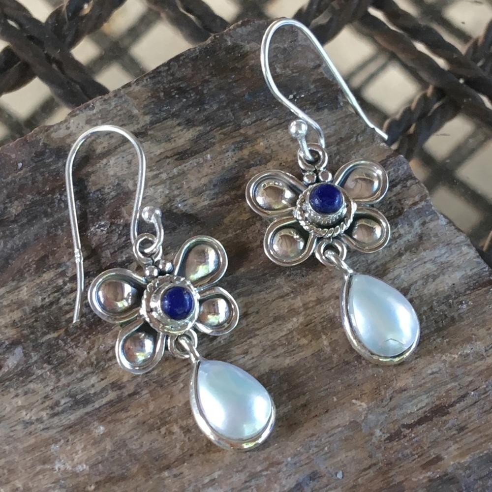 Lapis lazuli and pearl floral sterling silver earrings NWT